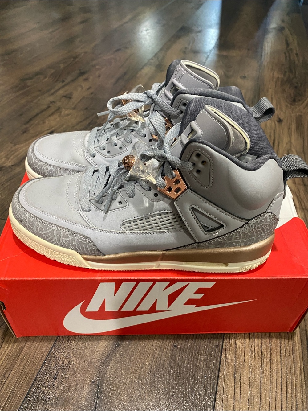 Jordan Kids’ Light Gray High-Top Sneakers with Metallic Gold Accents